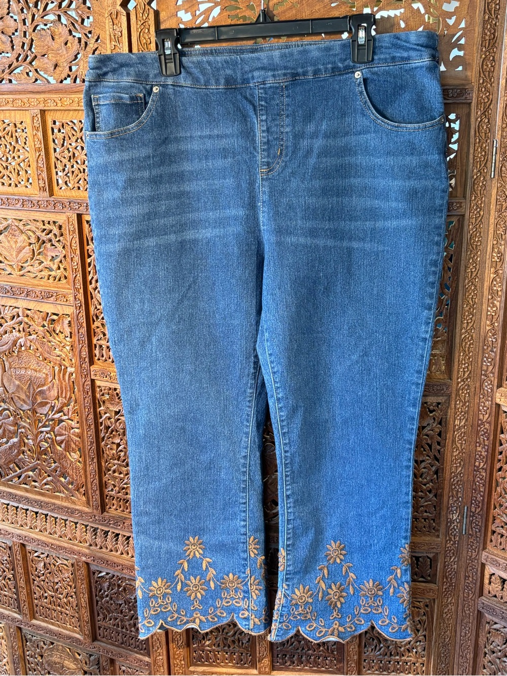 The Pioneer Woman Blue Straight Leg Jeans with Brown Embroidered Hem